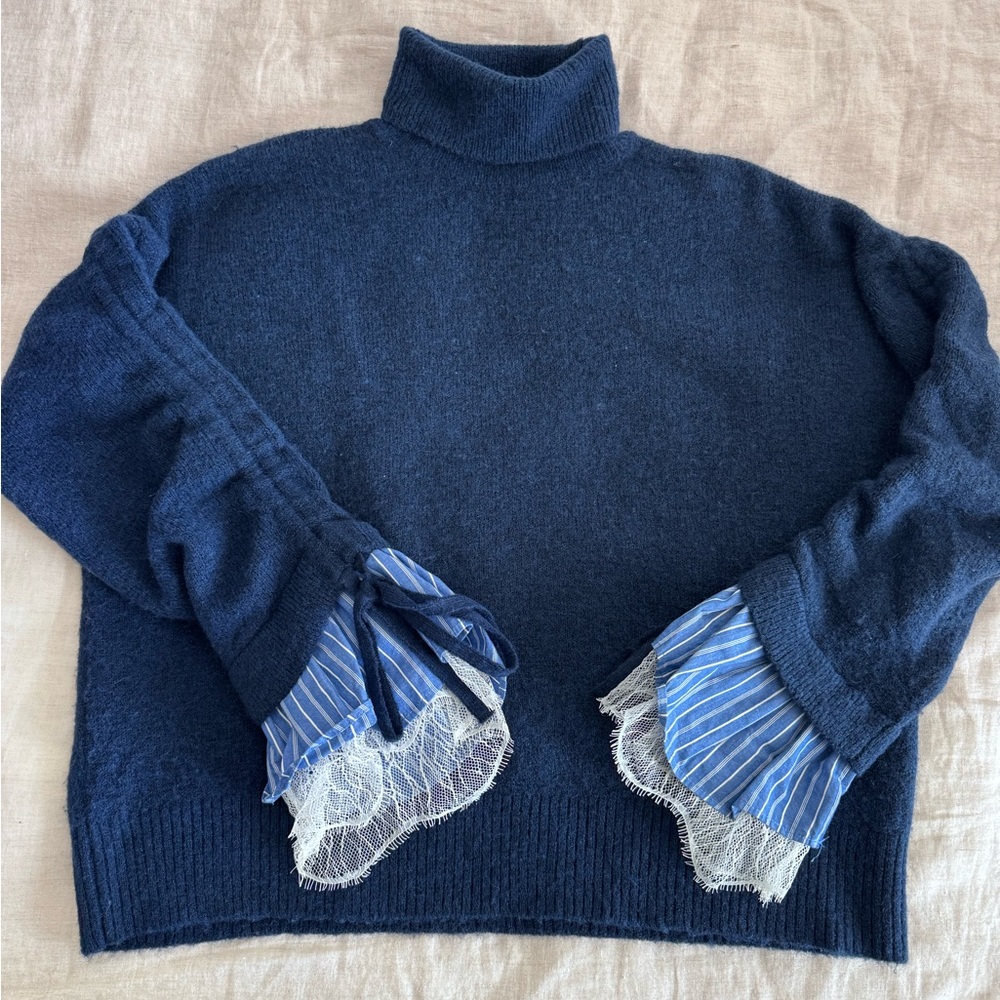 Cinq à Sept Blue Turtleneck Sweater with Lace Trim Cuffs